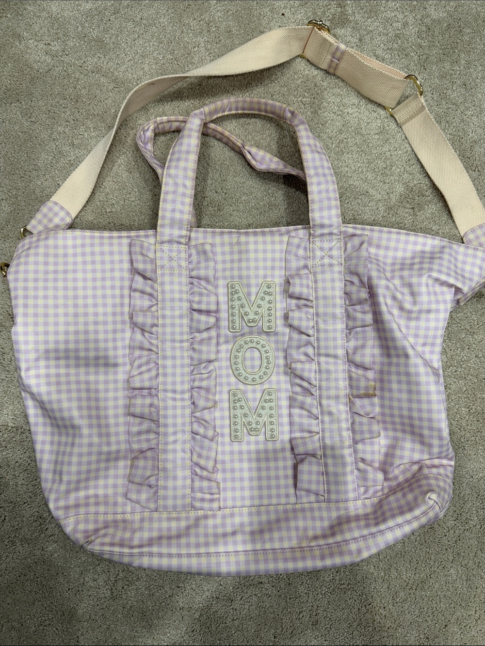 Stoney Clover Lane Lavender Gingham MOM Tote with Ruffle Trim